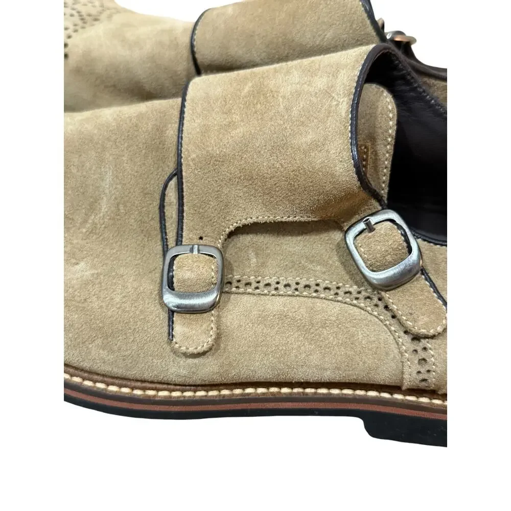 Martin Dingman Double Monk Strap Suede Shoes Mens 10 Tan Wingtip Vibram Lug Sole